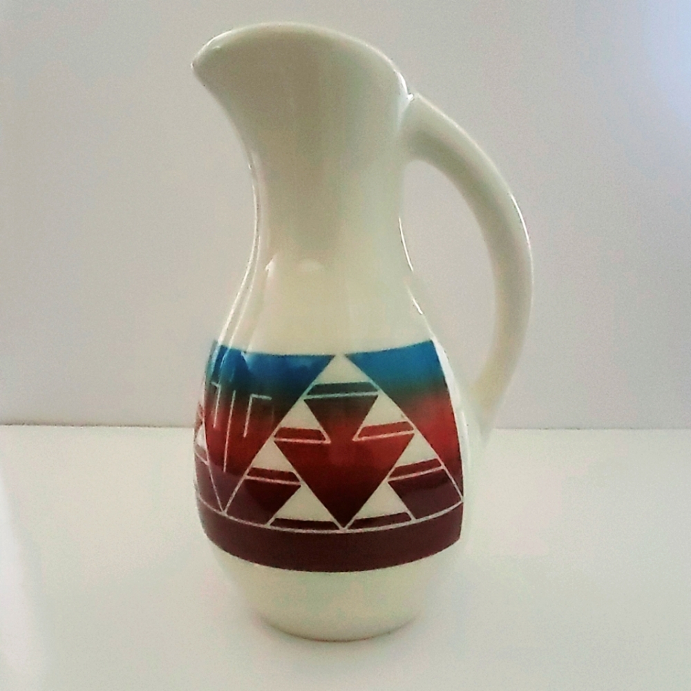 Vintage Native American Sioux Pottery Pitcher Traditional Navajo Design Signed